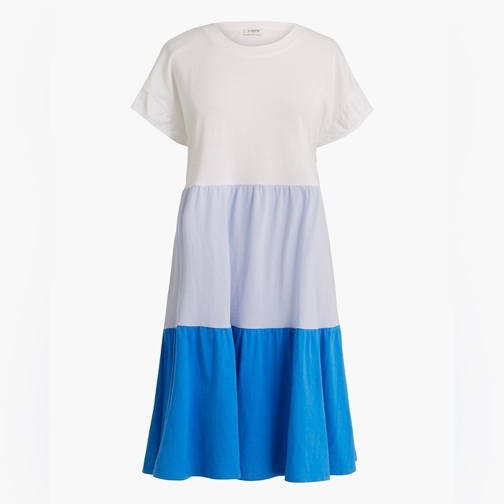 J. Crew • White Blue Tiered Flutter Sleeve T-Shirt Dress